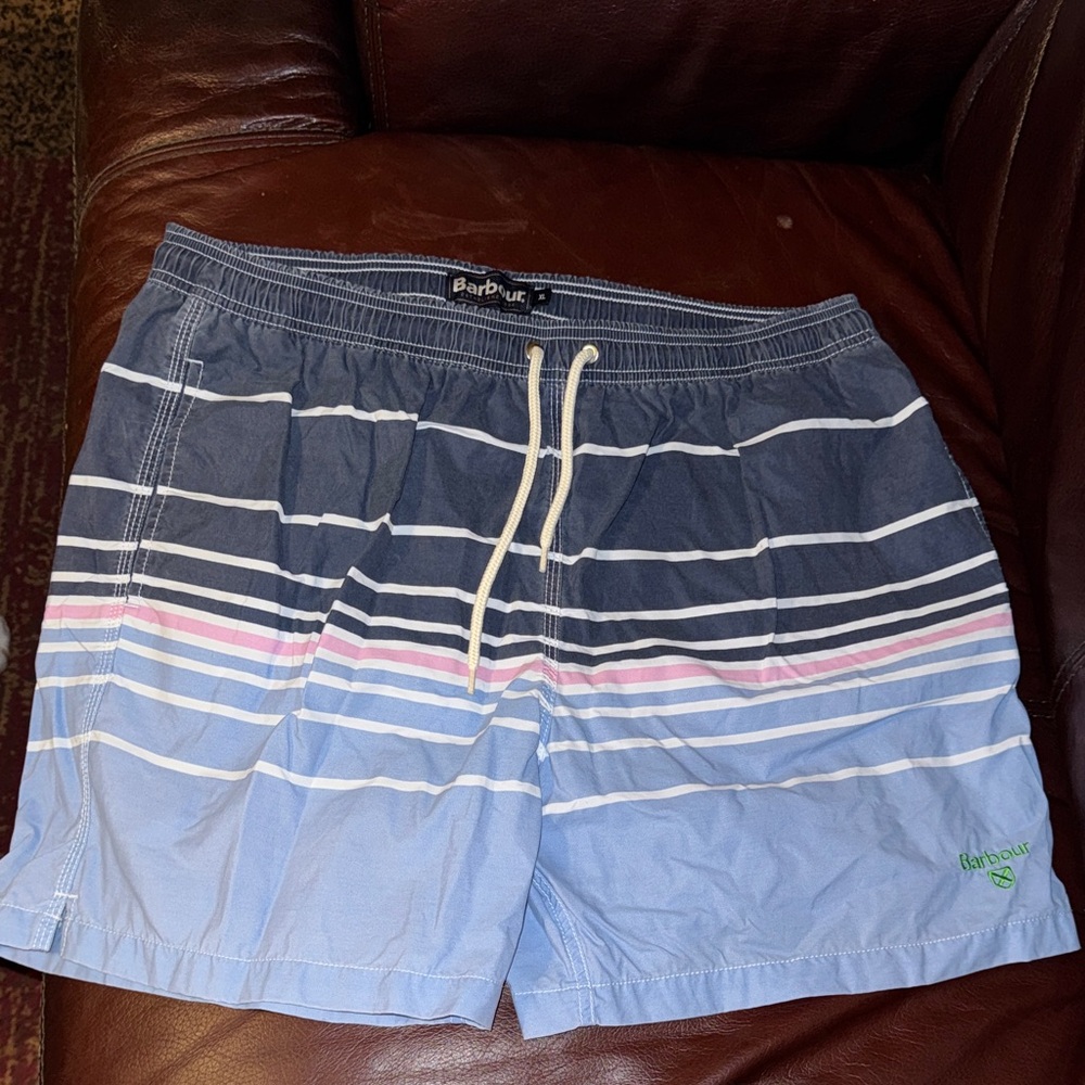 Barbour Men’s Navy and Light Blue Striped Swim Trunks with Pink Accent XL